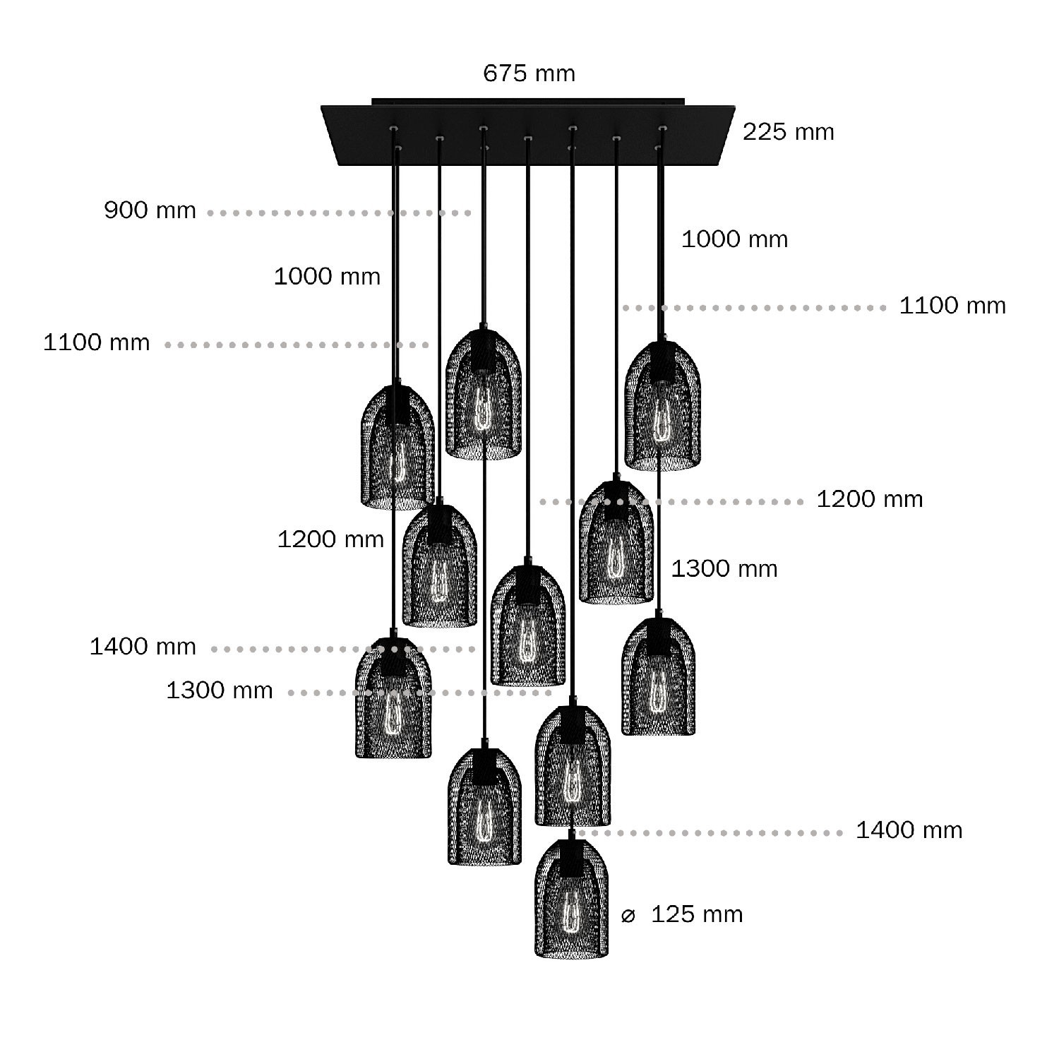 11 lichts-hanglamp voorzien van XXL rechthoekige Rose-One 675 mm compleet met strijkijzersnoer en Ghostbell metalen lampenkap