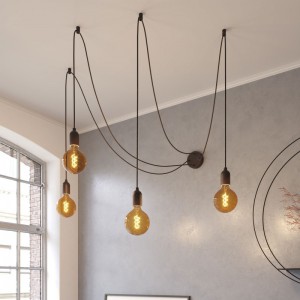 Spider - Multi-hanglamp Made in Italy met 4 lichtpunten, compleet met strijkijzerkabel en houten afwerkingen