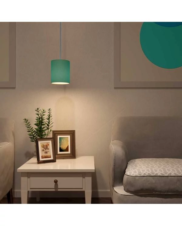 Hanglamp vervaardigd in Italië met textiel kabel, Cilindro stoffen kap en metalen afwerking