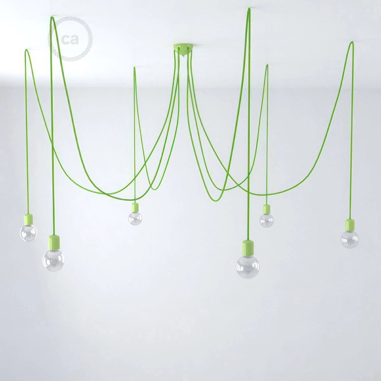 Hanglamp met 6 vallen, gemaakt in Italië, compleet met lichtbronnen, stoffen kabel en gekleurde keramische afwerkingen