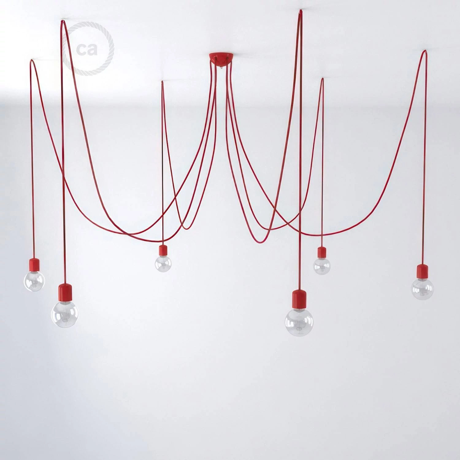 Hanglamp met 6 vallen, gemaakt in Italië, compleet met lichtbronnen, stoffen kabel en gekleurde keramische afwerkingen