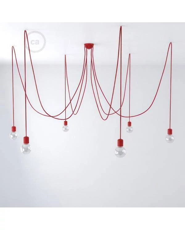 Hanglamp met 6 vallen, gemaakt in Italië, compleet met lichtbronnen, stoffen kabel en gekleurde keramische afwerkingen