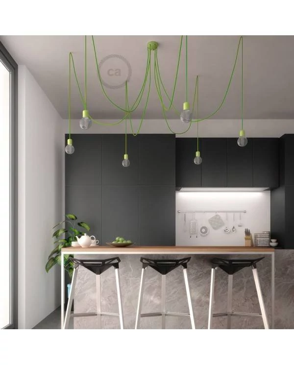 Hanglamp met 6 vallen, gemaakt in Italië, compleet met lichtbronnen, stoffen kabel en gekleurde keramische afwerkingen