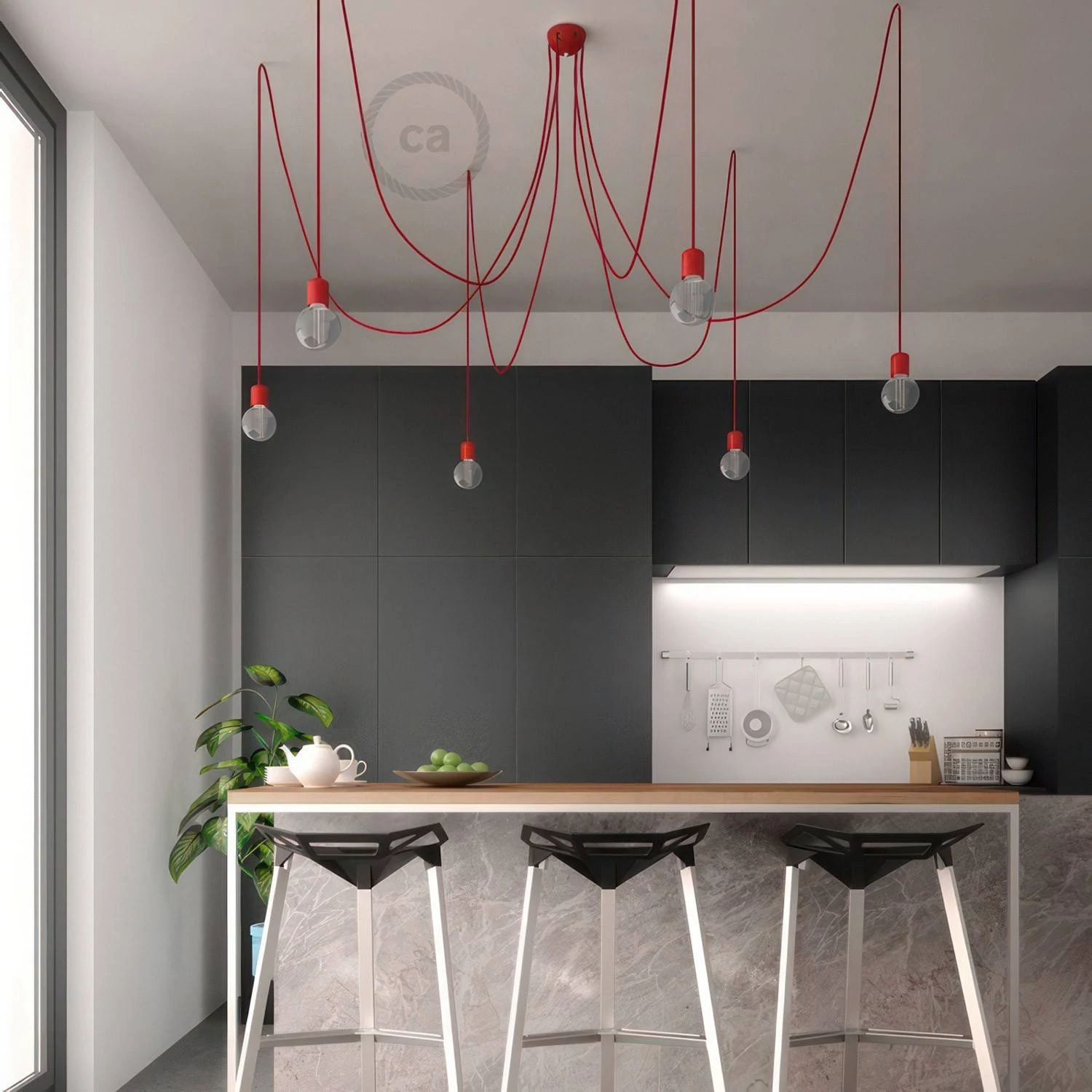 Hanglamp met 6 vallen, gemaakt in Italië, compleet met lichtbronnen, stoffen kabel en gekleurde keramische afwerkingen