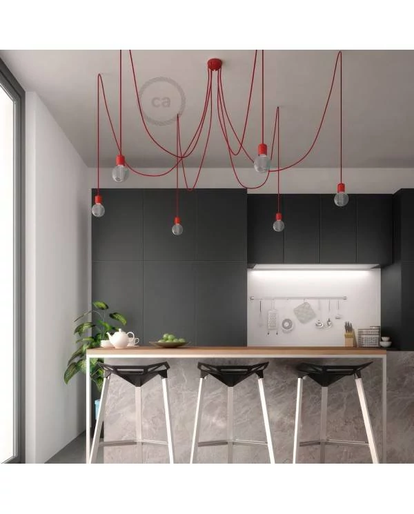 Hanglamp met 6 vallen, gemaakt in Italië, compleet met lichtbronnen, stoffen kabel en gekleurde keramische afwerkingen