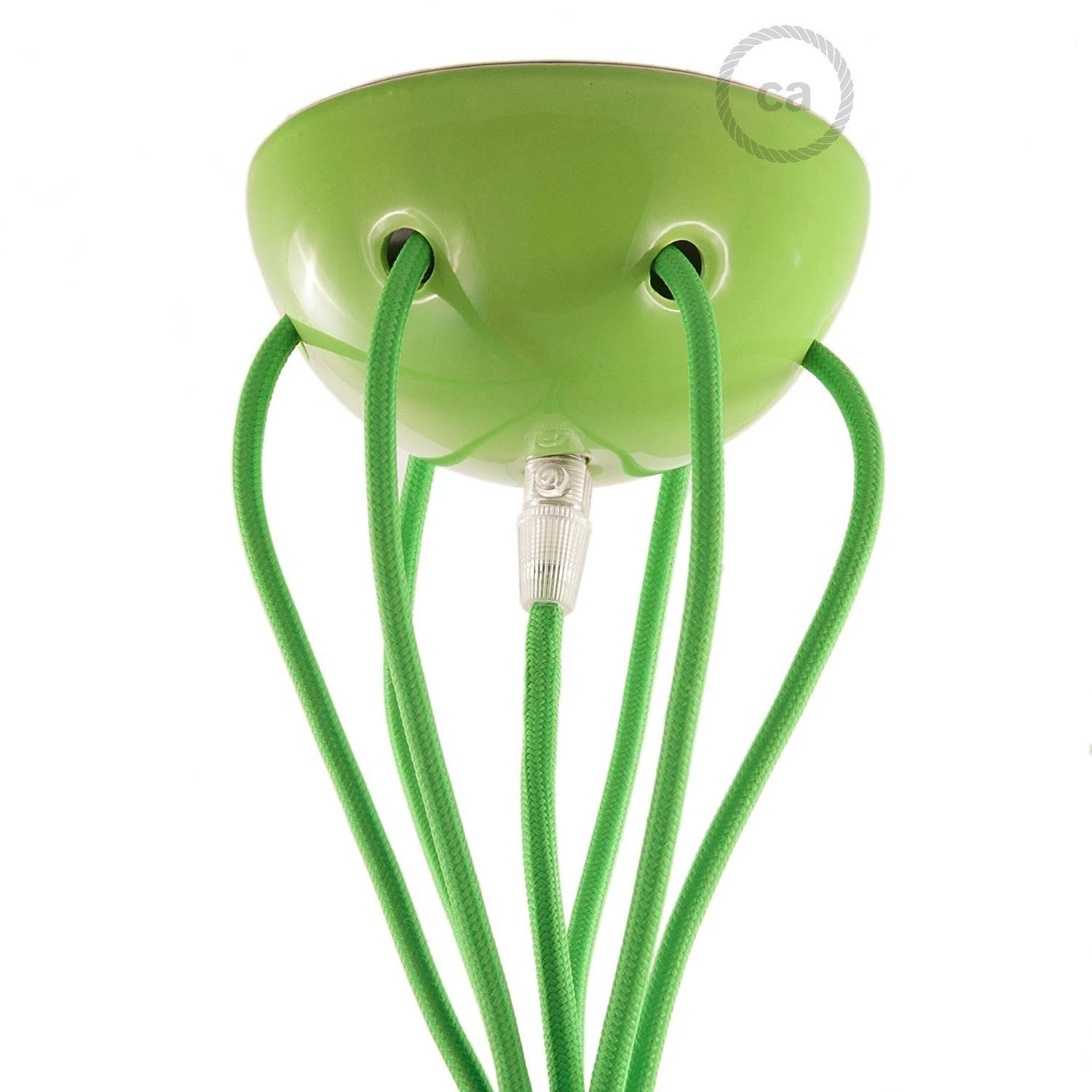 Hanglamp met 6 vallen, gemaakt in Italië, compleet met lichtbronnen, stoffen kabel en gekleurde keramische afwerkingen