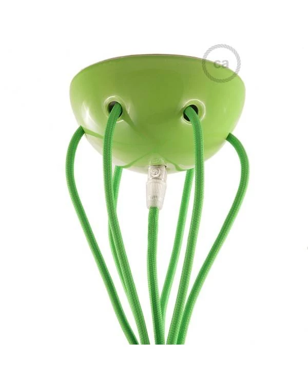 Hanglamp met 6 vallen, gemaakt in Italië, compleet met lichtbronnen, stoffen kabel en gekleurde keramische afwerkingen