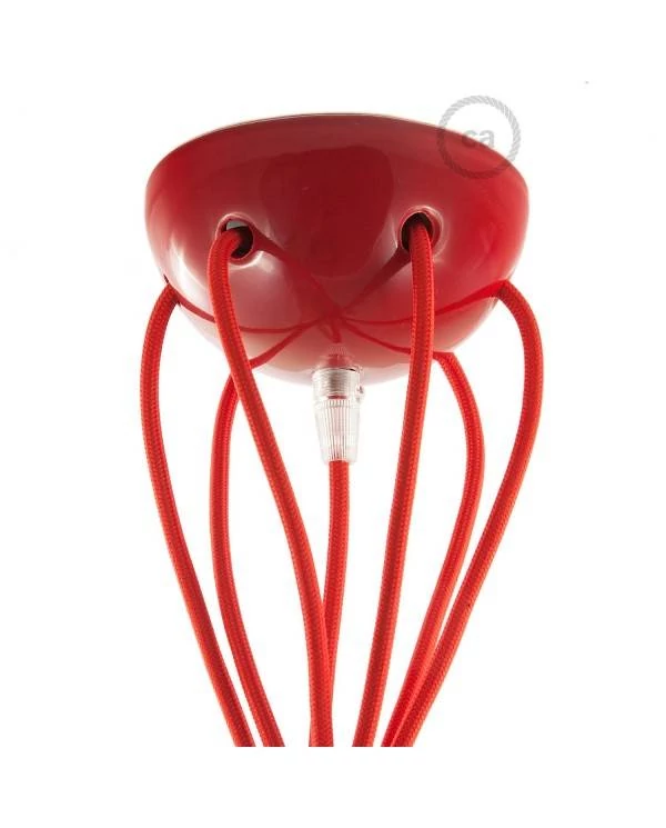 Hanglamp met 6 vallen, gemaakt in Italië, compleet met lichtbronnen, stoffen kabel en gekleurde keramische afwerkingen