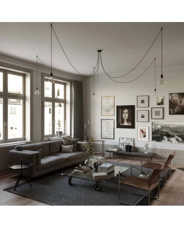 Spider - Hanglamp met 5 vallen. Gemaakt in Italië, compleet met lcihtbronnen, stoffen kabel en metalen afwerkingen