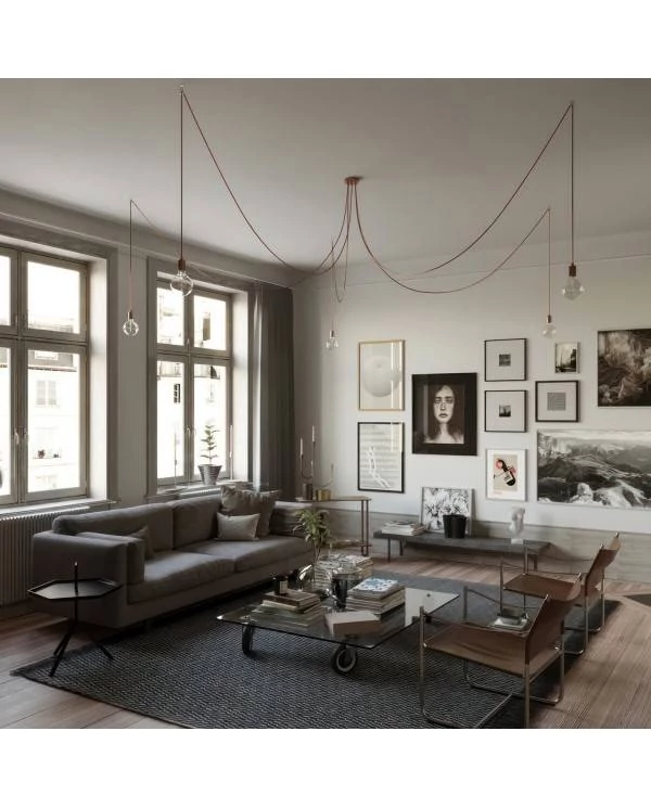Spider - Hanglamp met 5 vallen. Gemaakt in Italië, compleet met lcihtbronnen, stoffen kabel en metalen afwerkingen