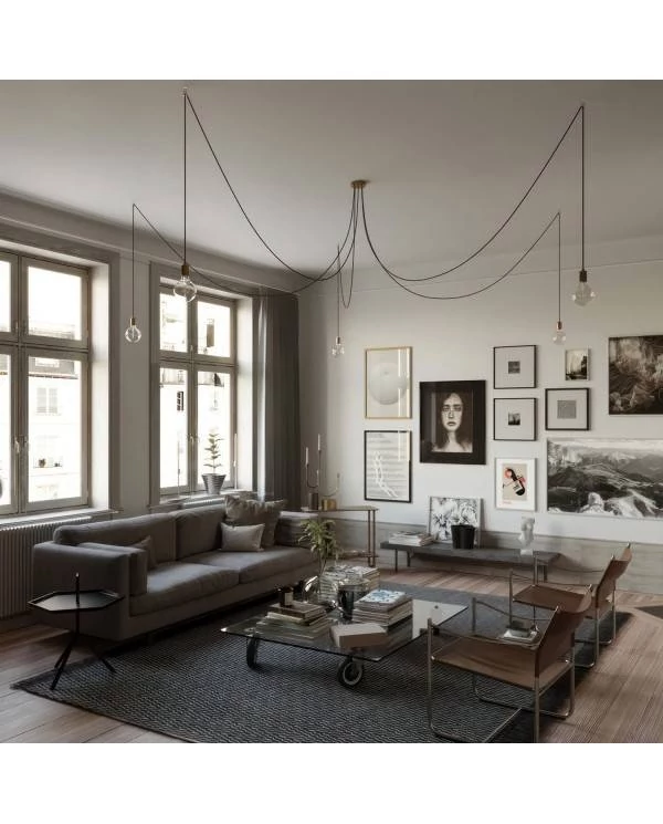 Spider - Hanglamp met 5 vallen. Gemaakt in Italië, compleet met lcihtbronnen, stoffen kabel en metalen afwerkingen
