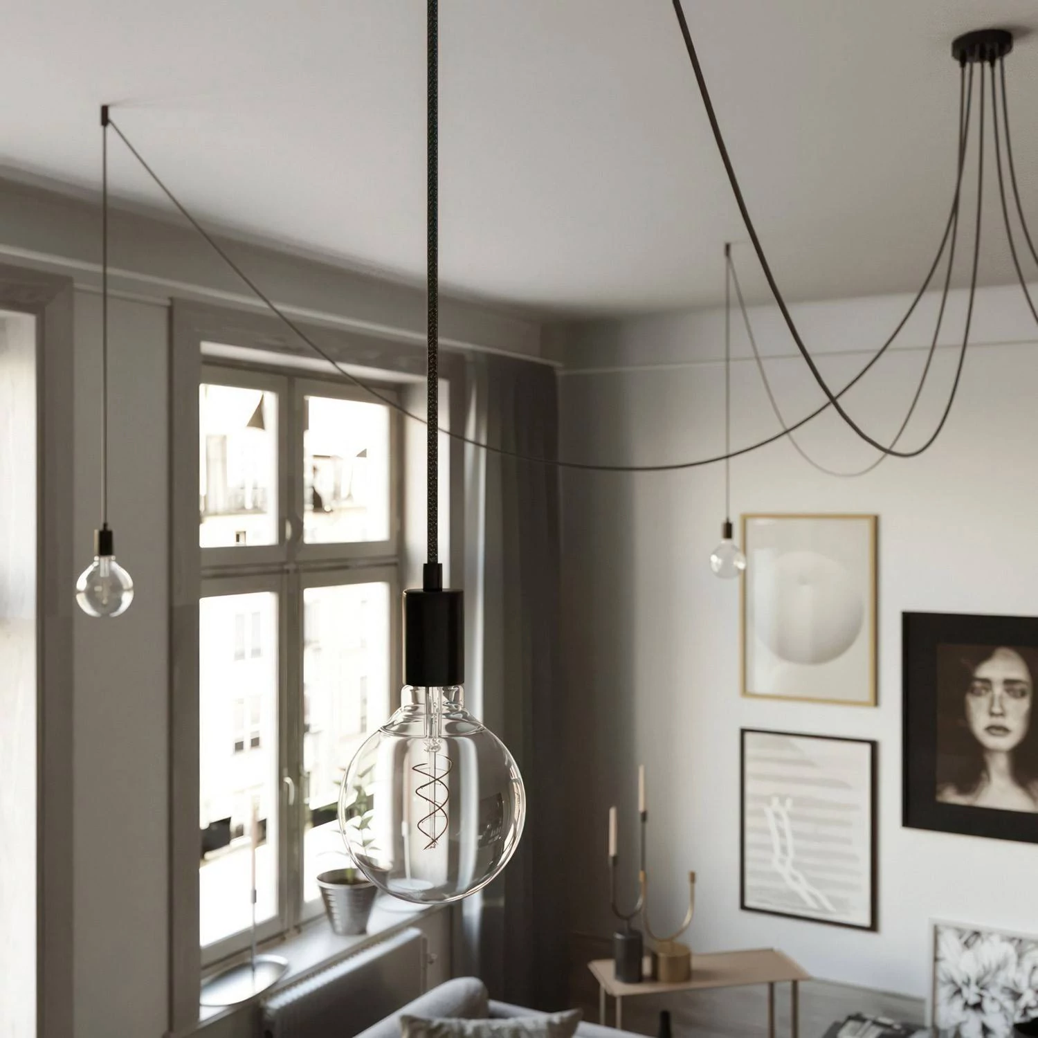 Spider - Hanglamp met 5 vallen. Gemaakt in Italië, compleet met lcihtbronnen, stoffen kabel en metalen afwerkingen