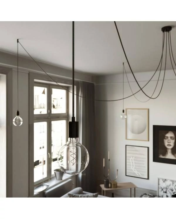 Spider - Hanglamp met 5 vallen. Gemaakt in Italië, compleet met lcihtbronnen, stoffen kabel en metalen afwerkingen