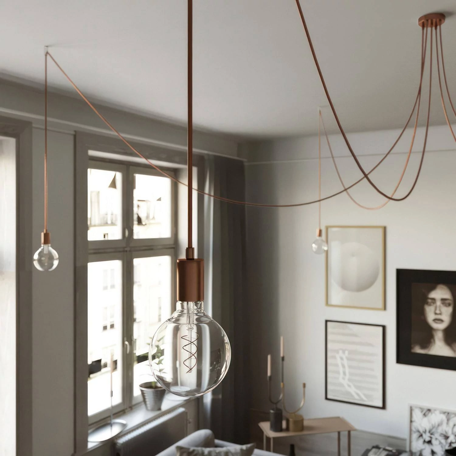 Spider - Hanglamp met 5 vallen. Gemaakt in Italië, compleet met lcihtbronnen, stoffen kabel en metalen afwerkingen
