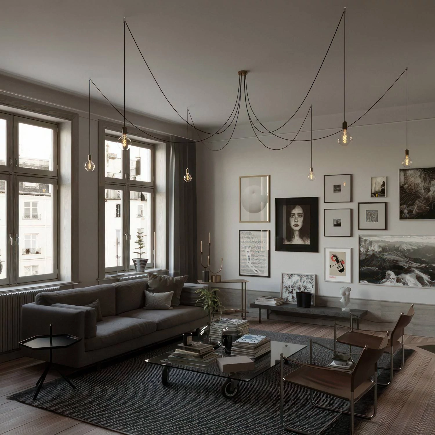 Spider - Hanglamp met 6 pendels Gemaakt in Italië, compleet met lichtbronnen, stoffen kabel en metalen afwerkingen