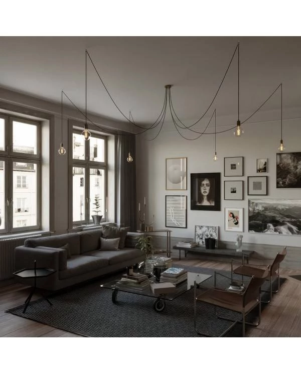 Spider - Hanglamp met 6 pendels Gemaakt in Italië, compleet met lichtbronnen, stoffen kabel en metalen afwerkingen