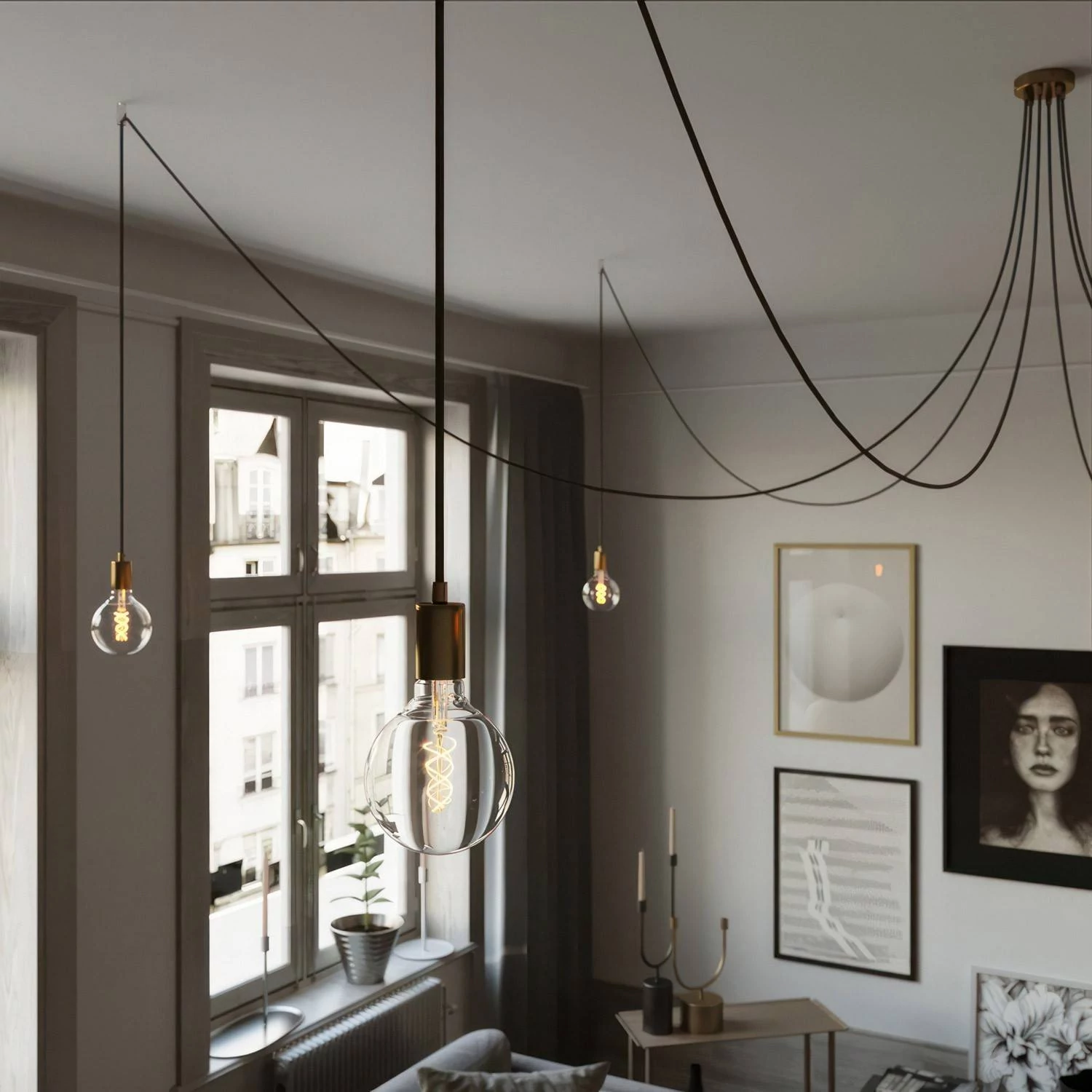 Spider - Hanglamp met 6 pendels Gemaakt in Italië, compleet met lichtbronnen, stoffen kabel en metalen afwerkingen
