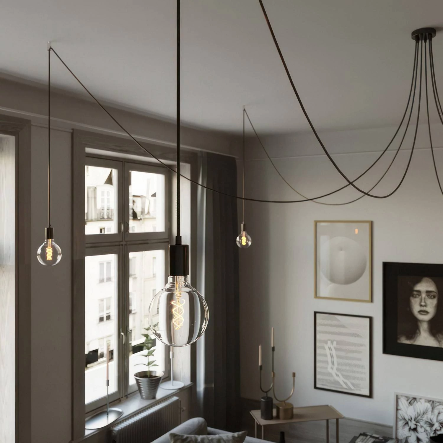 Spider - Hanglamp met 6 pendels Gemaakt in Italië, compleet met lichtbronnen, stoffen kabel en metalen afwerkingen