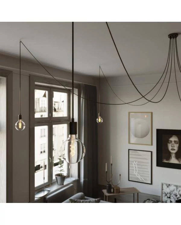 Spider - Hanglamp met 6 pendels Gemaakt in Italië, compleet met lichtbronnen, stoffen kabel en metalen afwerkingen