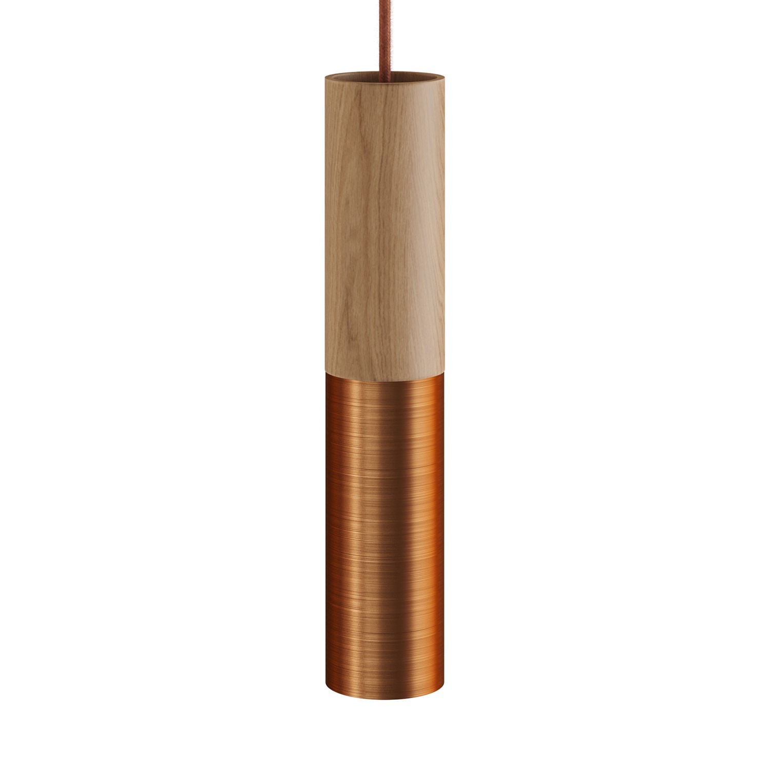 Hanglamp compleet met strijkijzersnoer en Tub-E14 hout met metalen kap