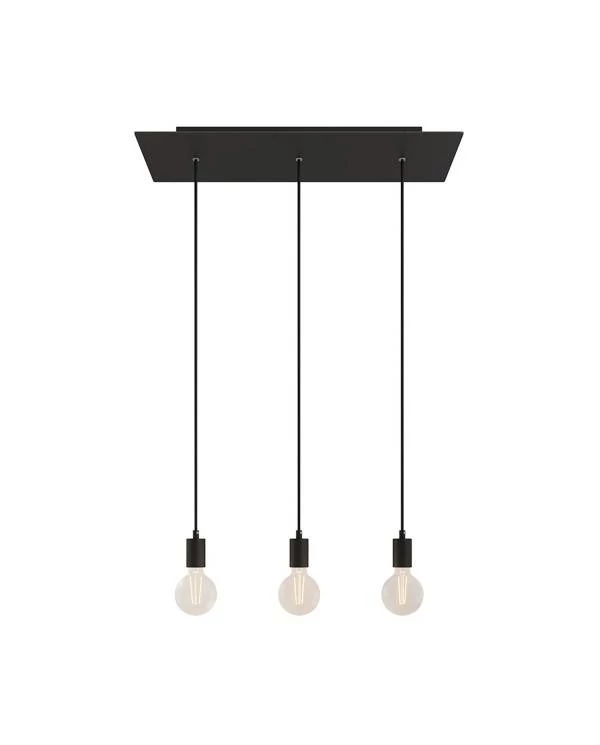 3 lichts-hanglamp voorzien van XXL rechthoekige Rose-One 675 mm compleet met strijkijzersnoer en metalen afwerking