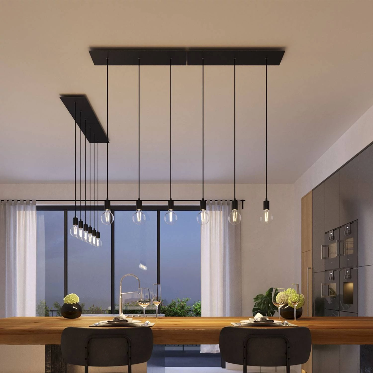 3 lichts-hanglamp voorzien van XXL rechthoekige Rose-One 675 mm compleet met strijkijzersnoer en metalen afwerking