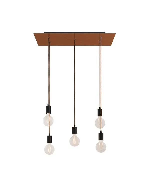 5 lichts-hanglamp voorzien van XXL rechthoekige Rose-One 675 mm compleet met strijkijzersnoer en metalen afwerking