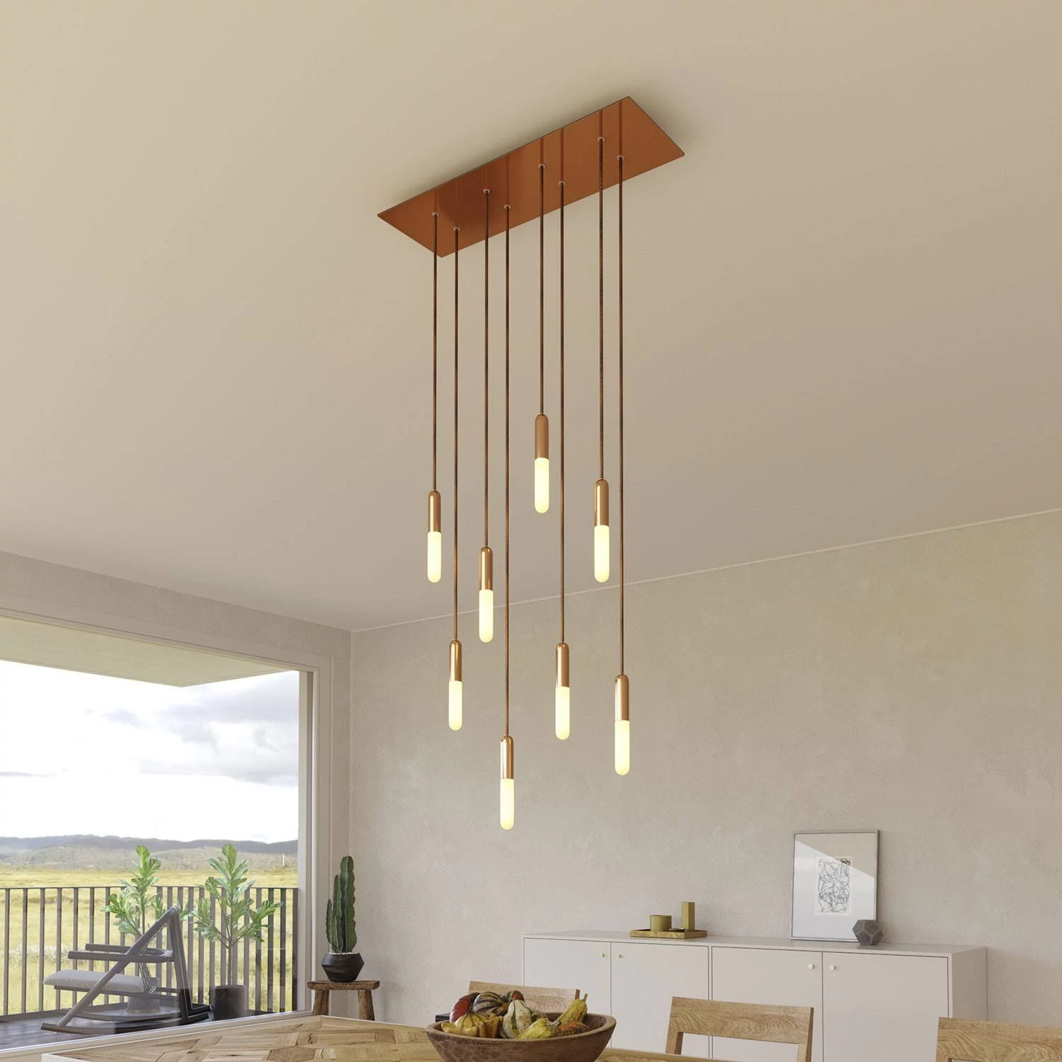 8 lichts-hanglamp voorzien van XXL rechthoekige Rose-One 675 mm compleet met strijkijzersnoer en metalen afwerking
