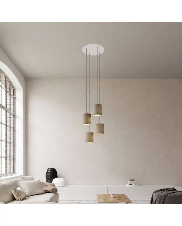 4 lichts-hanglamp voorzien van XXL ronde Rose-One 400 mm compleet met strijkijzersnoer en stoffen Cilindro-lampenkap