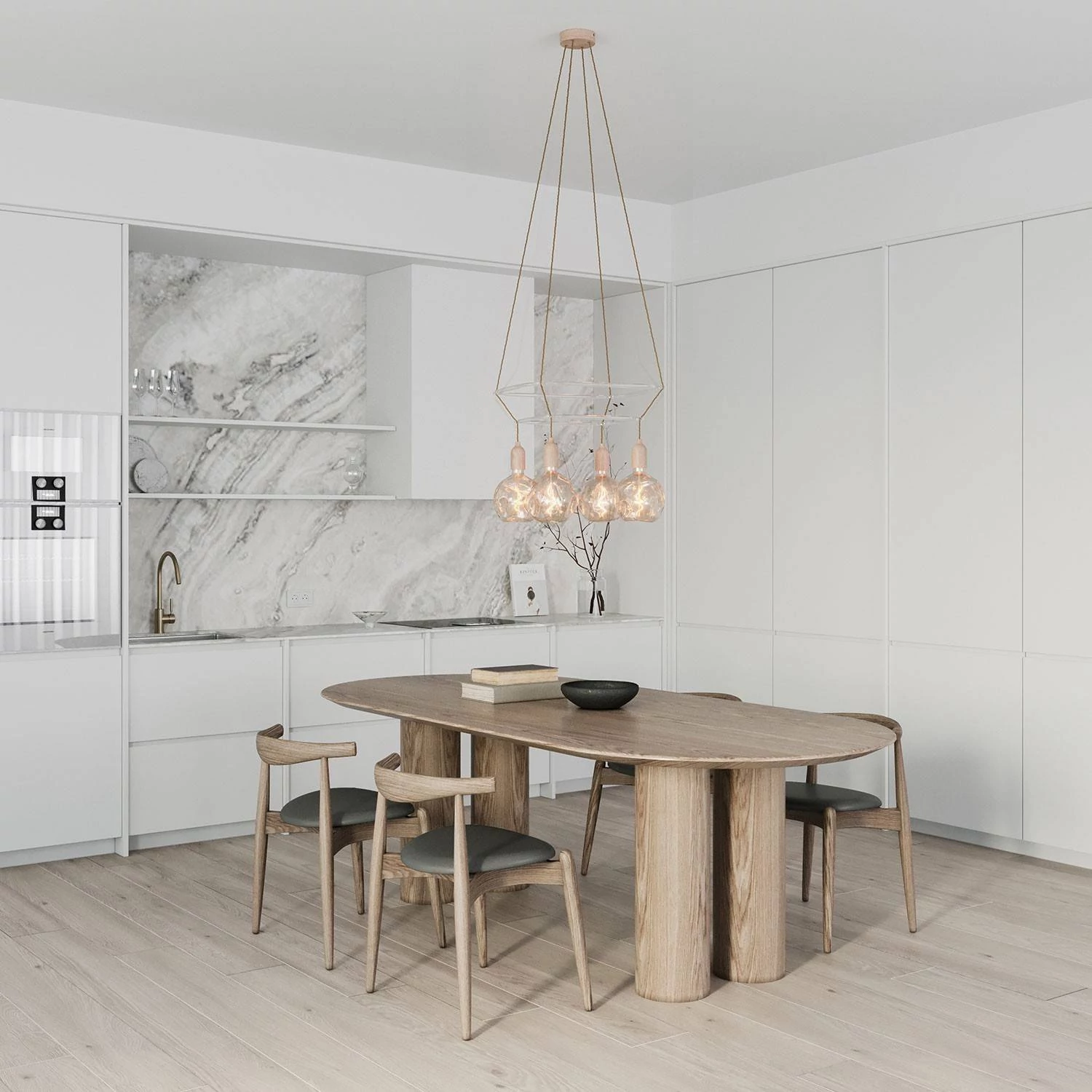 4 Pendels dubbele Cage incl. gedeukte Globe Lamp