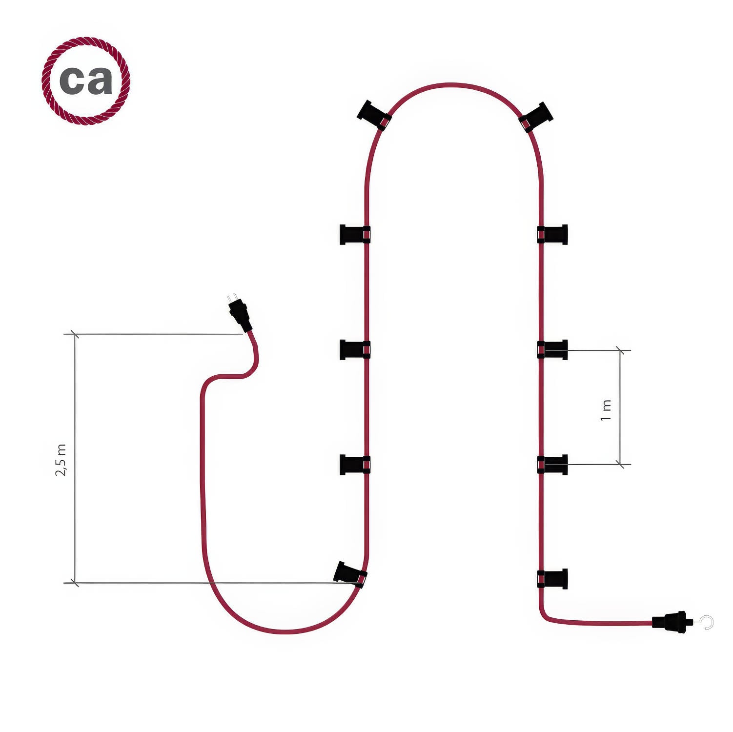 Catenaria Sistema Lumet da 12,5 m con cavo tessile CM05, 10 portalampada, gancio e spina neri