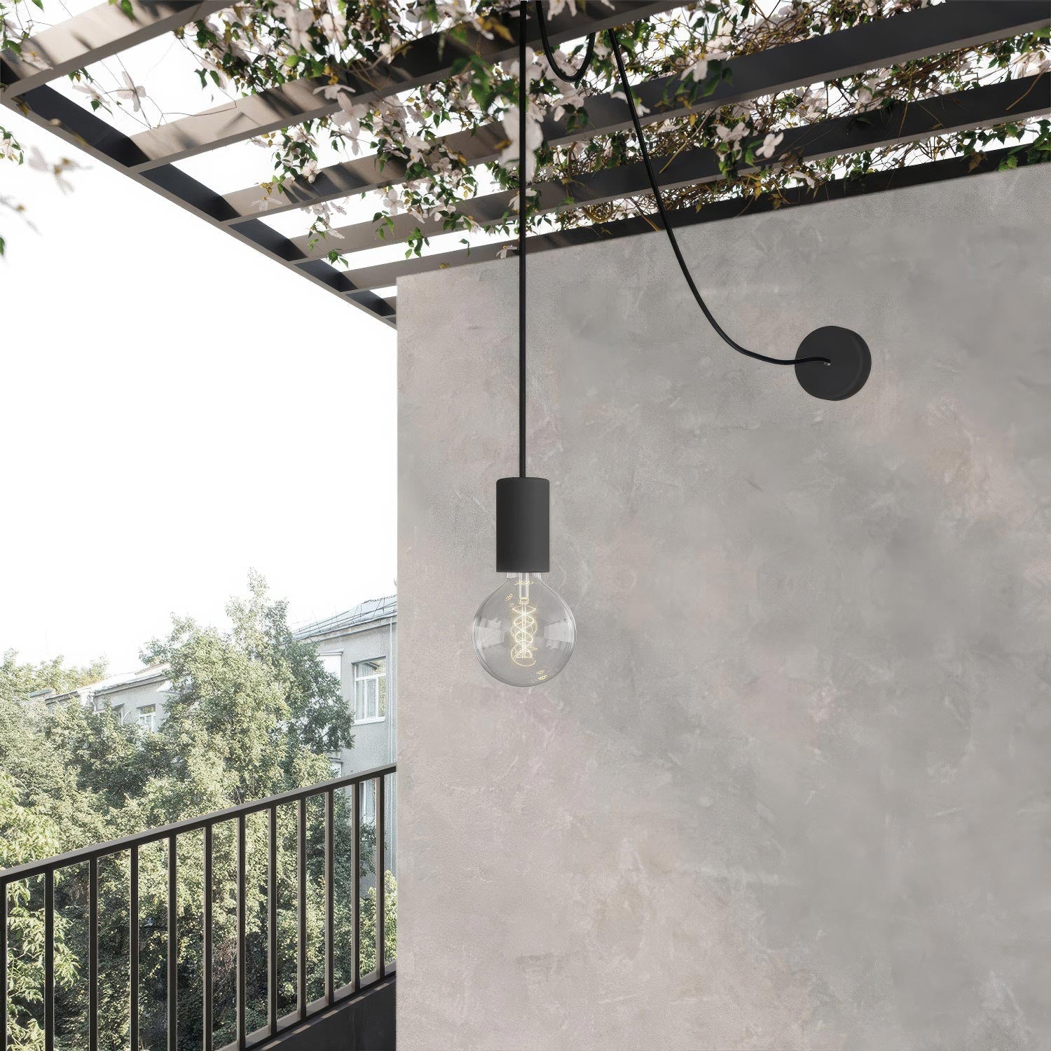 EIVA ELEGANT Outdoor pendant lamp with textile cable, decentralizer, canopy and socket for wet locations - Black