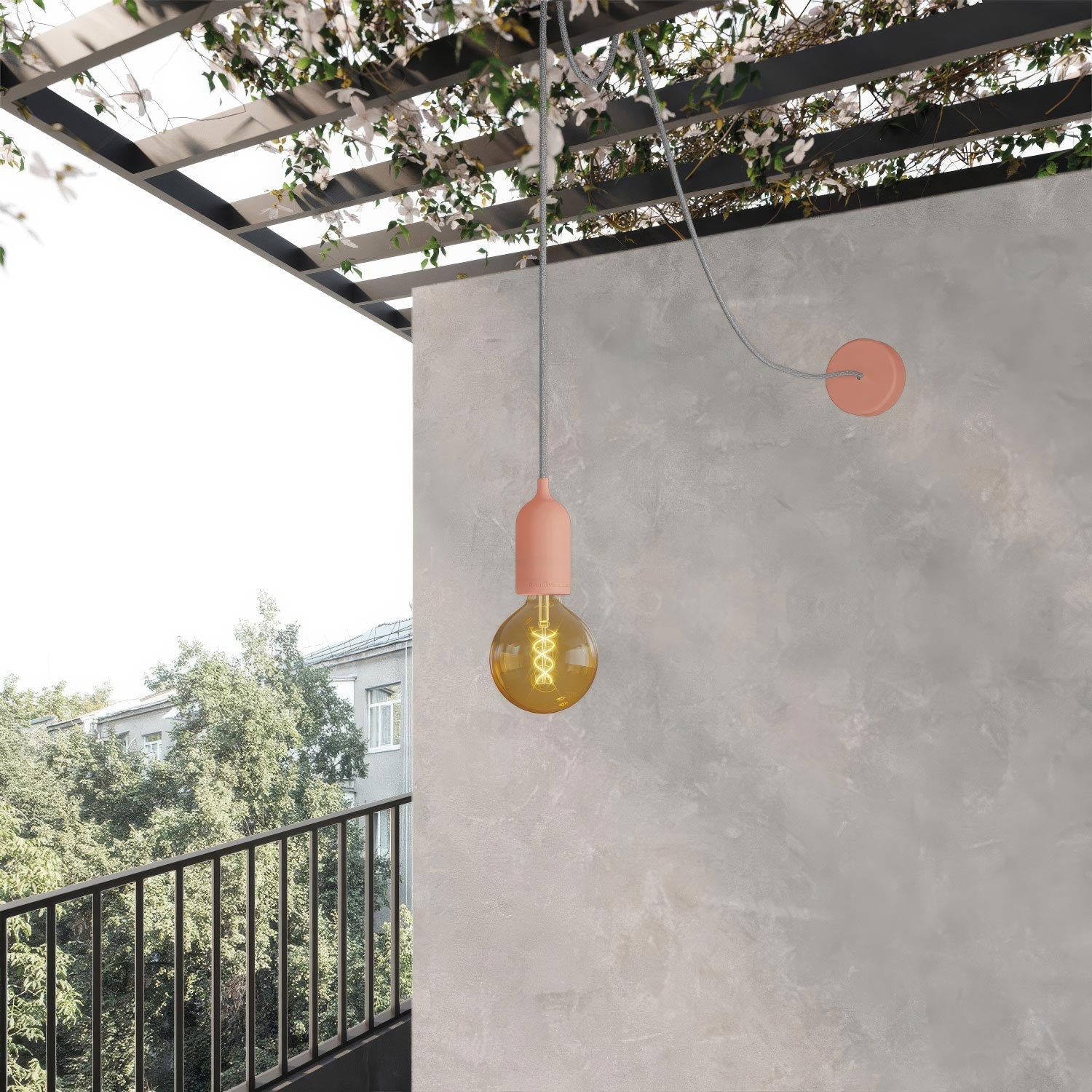 EIVA PASTEL Outdoor pendant lamp with textile cable, decentralizer, canopy and socket for wet locations - Salmon