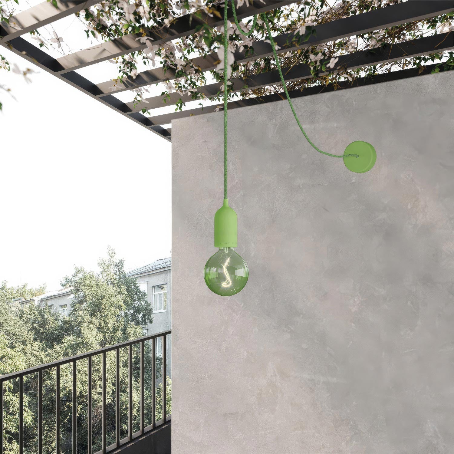 EIVA PASTEL Outdoor pendant lamp with textile cable, decentralizer, canopy and socket for wet locations - Soft green
