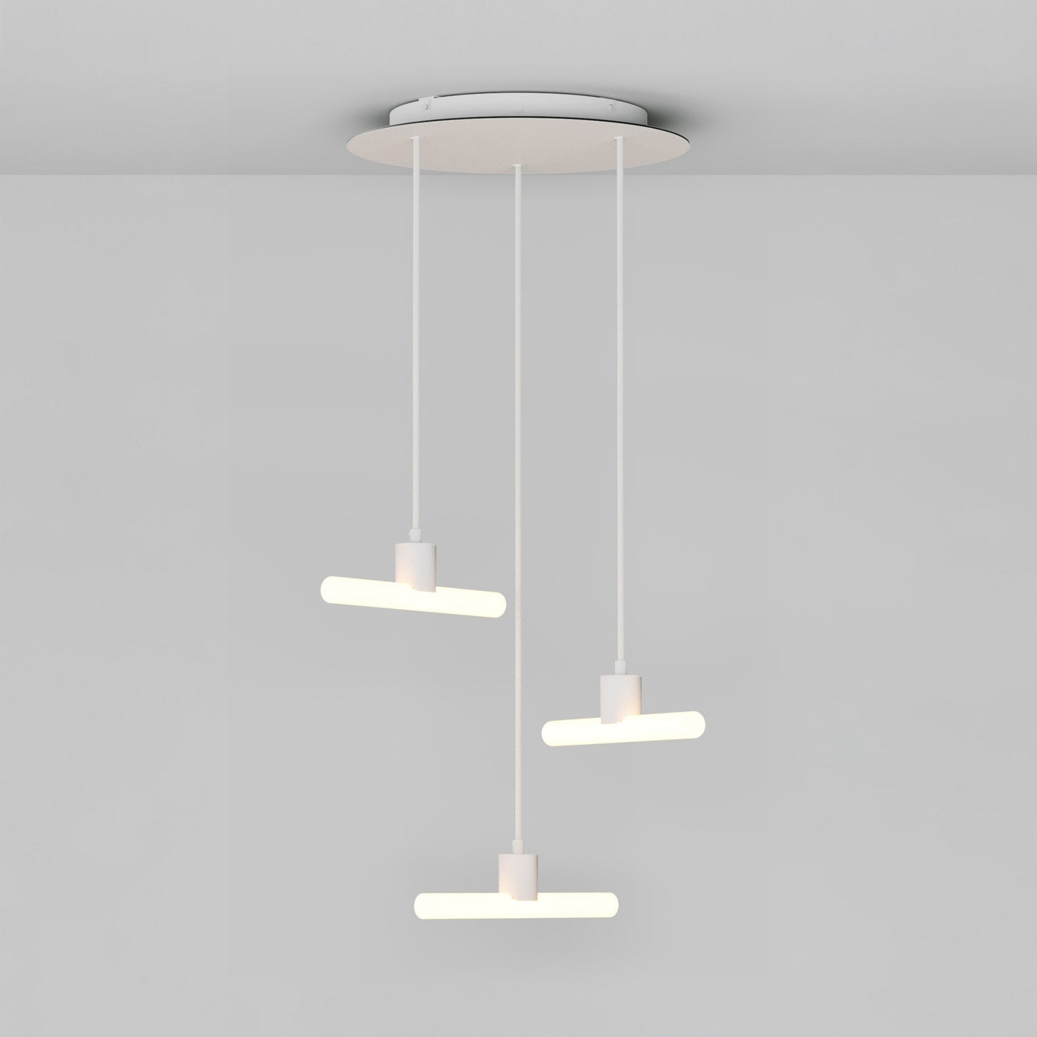 Esse14 3-Drop Asymmetrical Pendant Light with Rose-One, complete with fabric cord and metal finishes - White