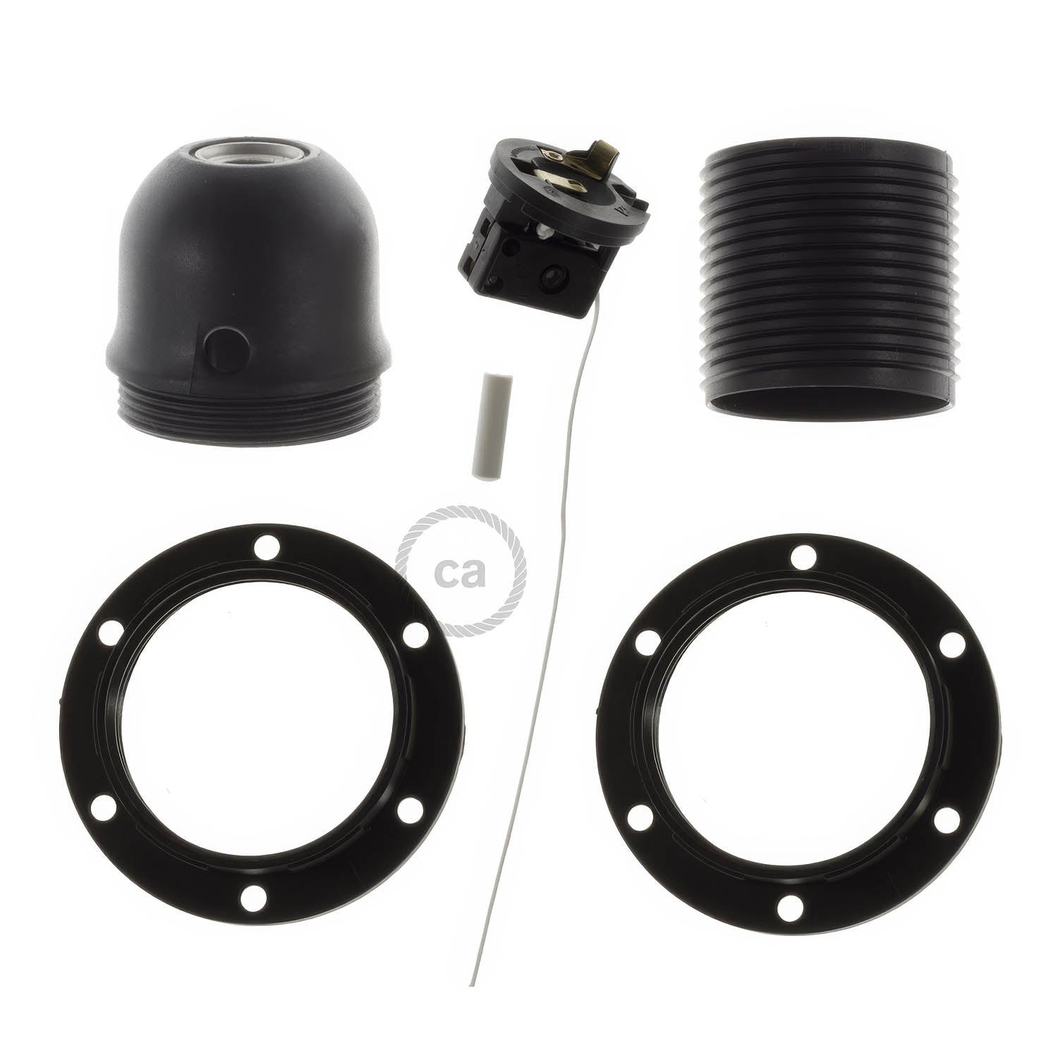 Kit portalampada E27 in termoplastica con doppia ghiera per paralume e interruttore a tirante - Nero - Creative Cables