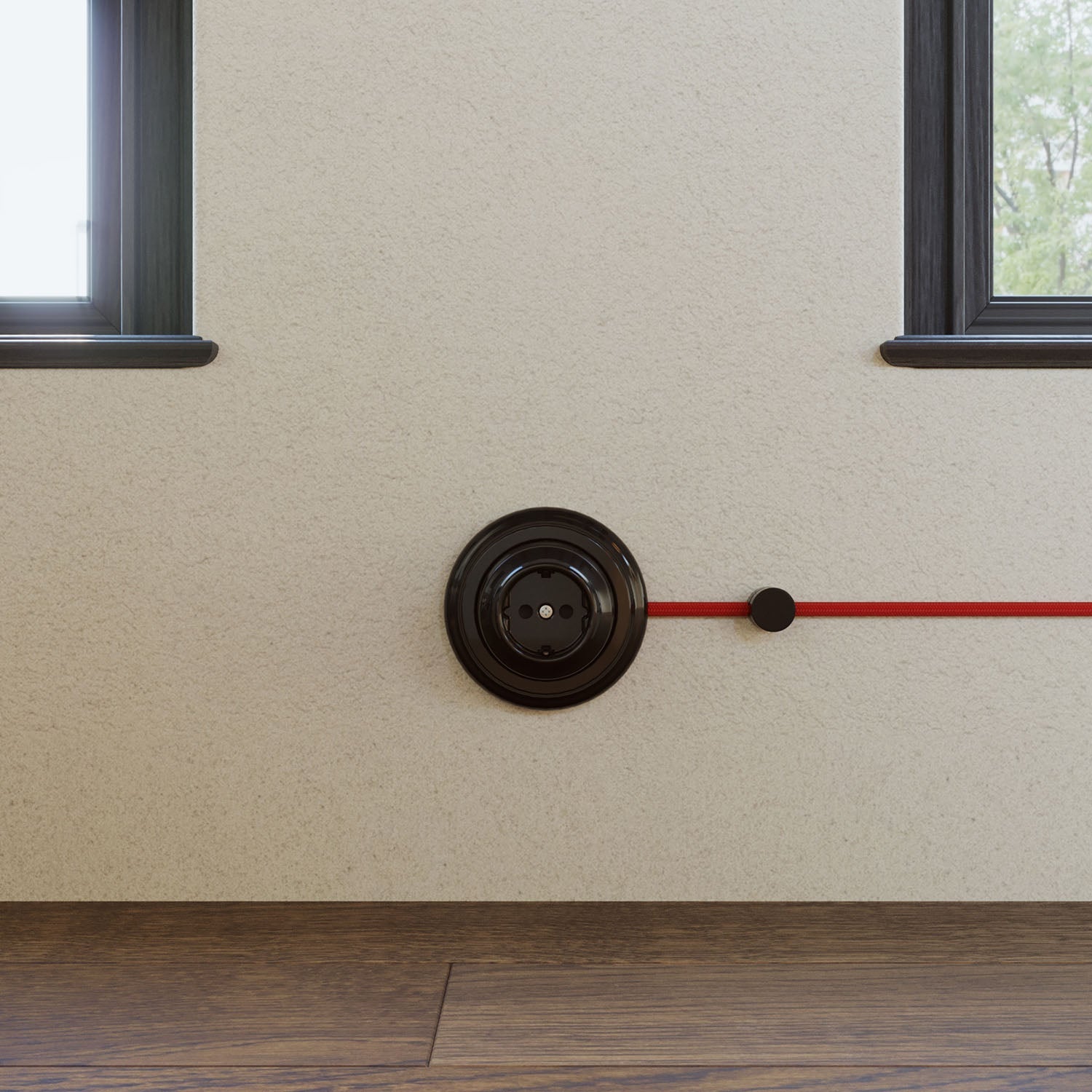 Kit presa Schuko da parete e base in porcellana - Nero