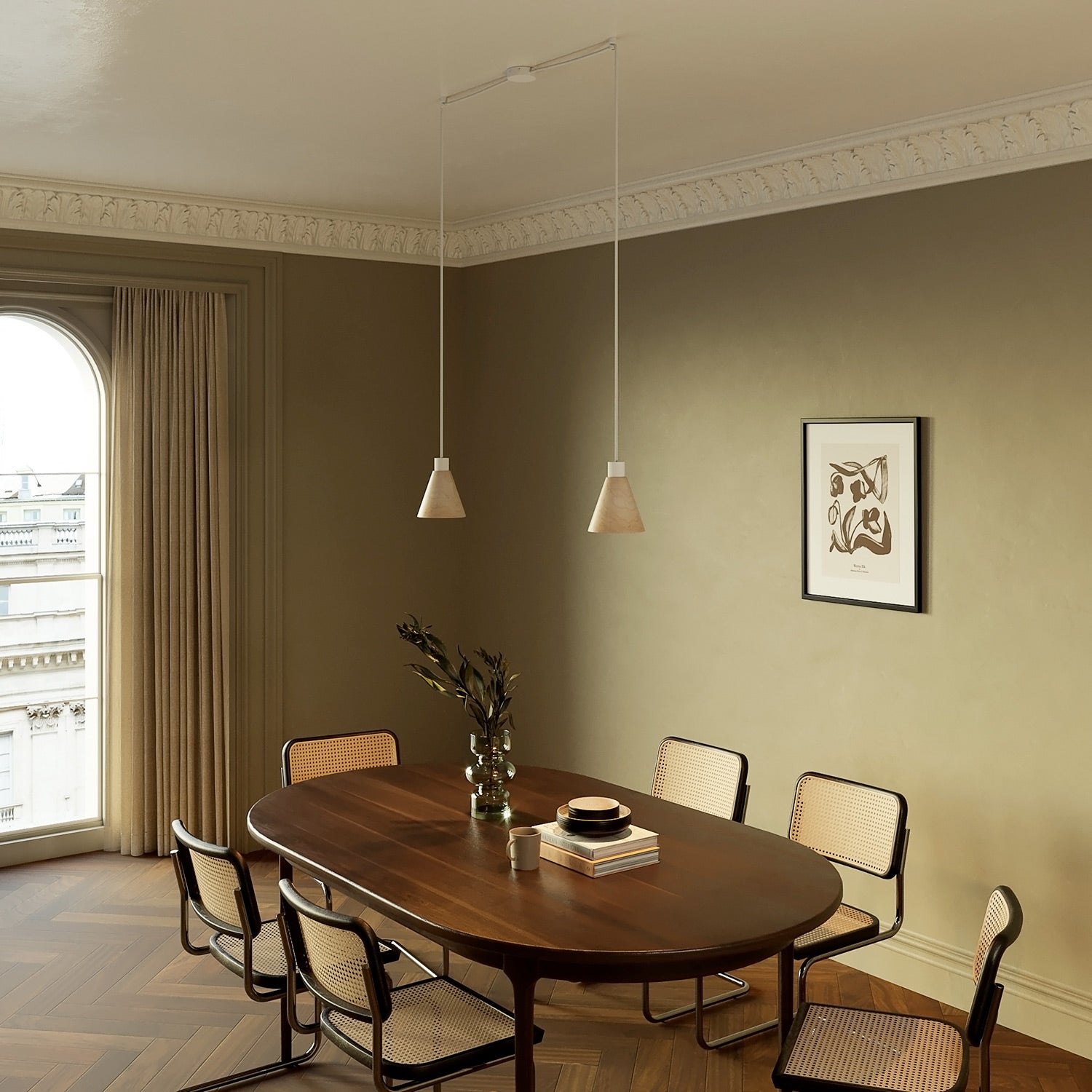 Lampada a sospensione a 2 cadute con paralumi conici in legno - Bianco opaco - Creative Cables