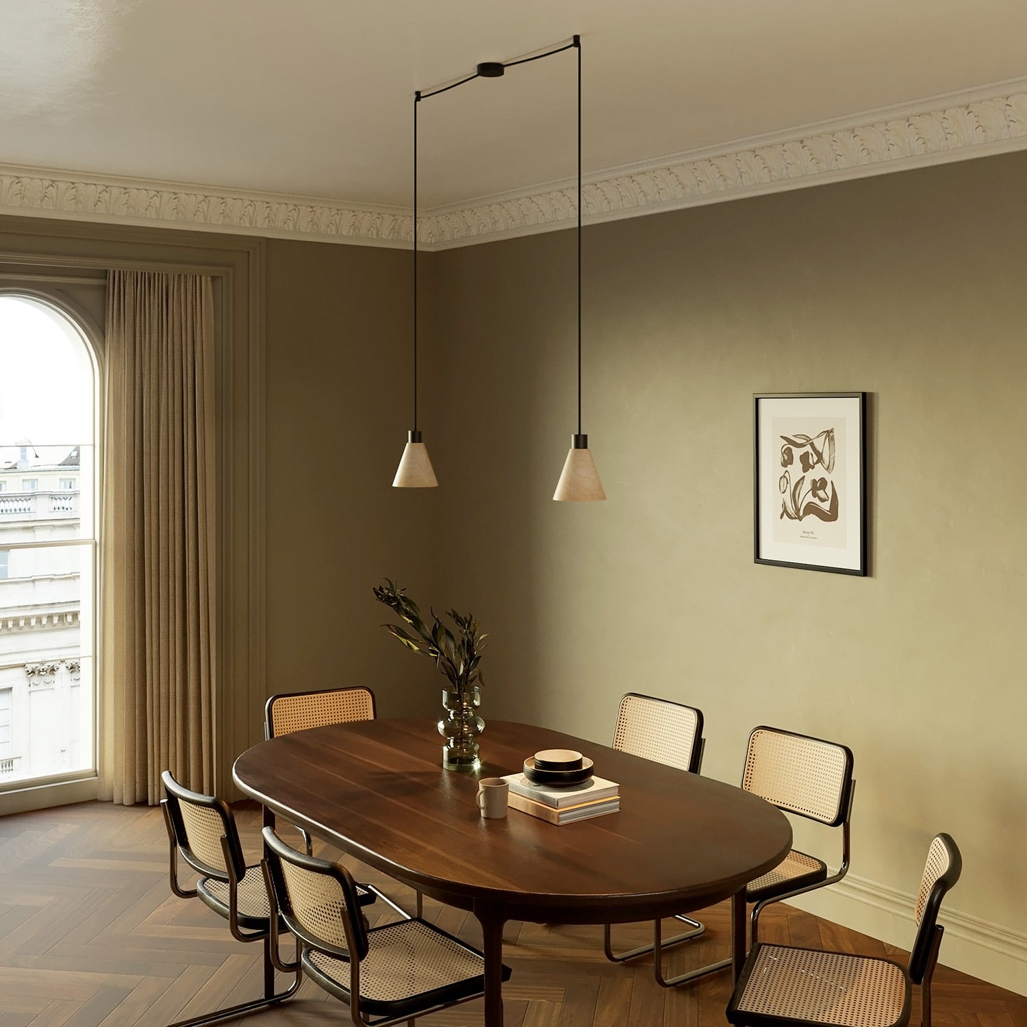 Lampada a sospensione a 2 cadute con paralumi conici in legno - Nero - Creative Cables