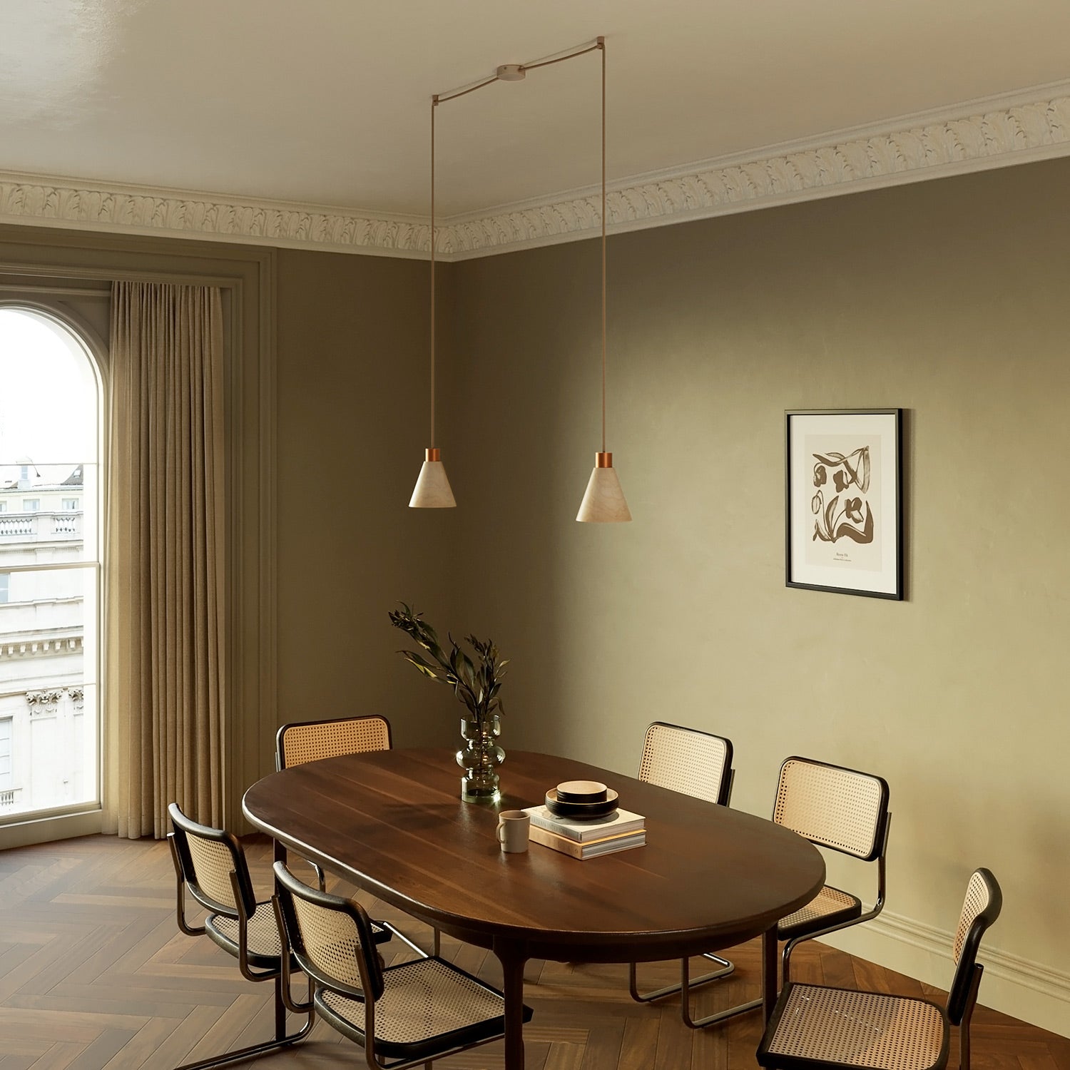 Lampada a sospensione a 2 cadute con paralumi conici in legno - Rame satinato - Creative Cables