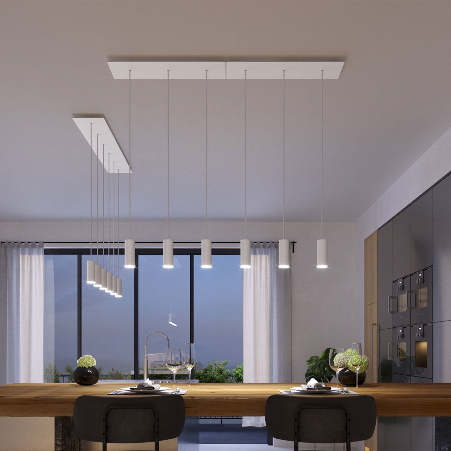 Lampada a sospensione a 3 cadute con XXL Rose - One rettangolare 675 mm con paralume in metallo Tub - E14 - Bianco opaco - Creative Cables