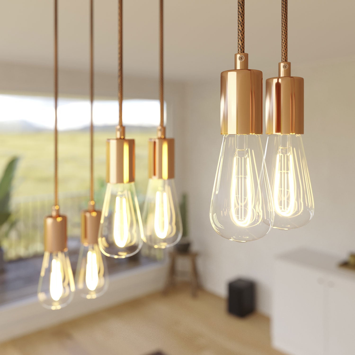 Lampada a sospensione a 6 cadute con XXL Rose-One rettangolare 675 mm con finiture in metallo - Rame satinato