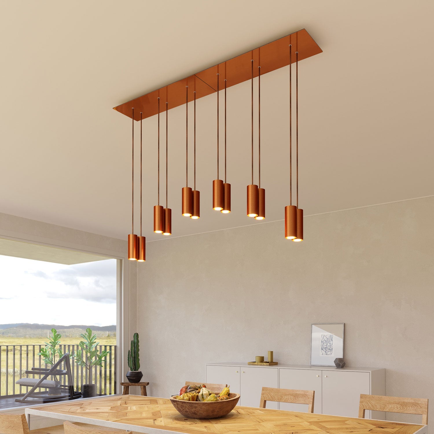 Lampada a sospensione a 6 cadute con XXL Rose - One rettangolare 675 mm con paralume in metallo Tub - E14 - Rame satinato - Creative Cables