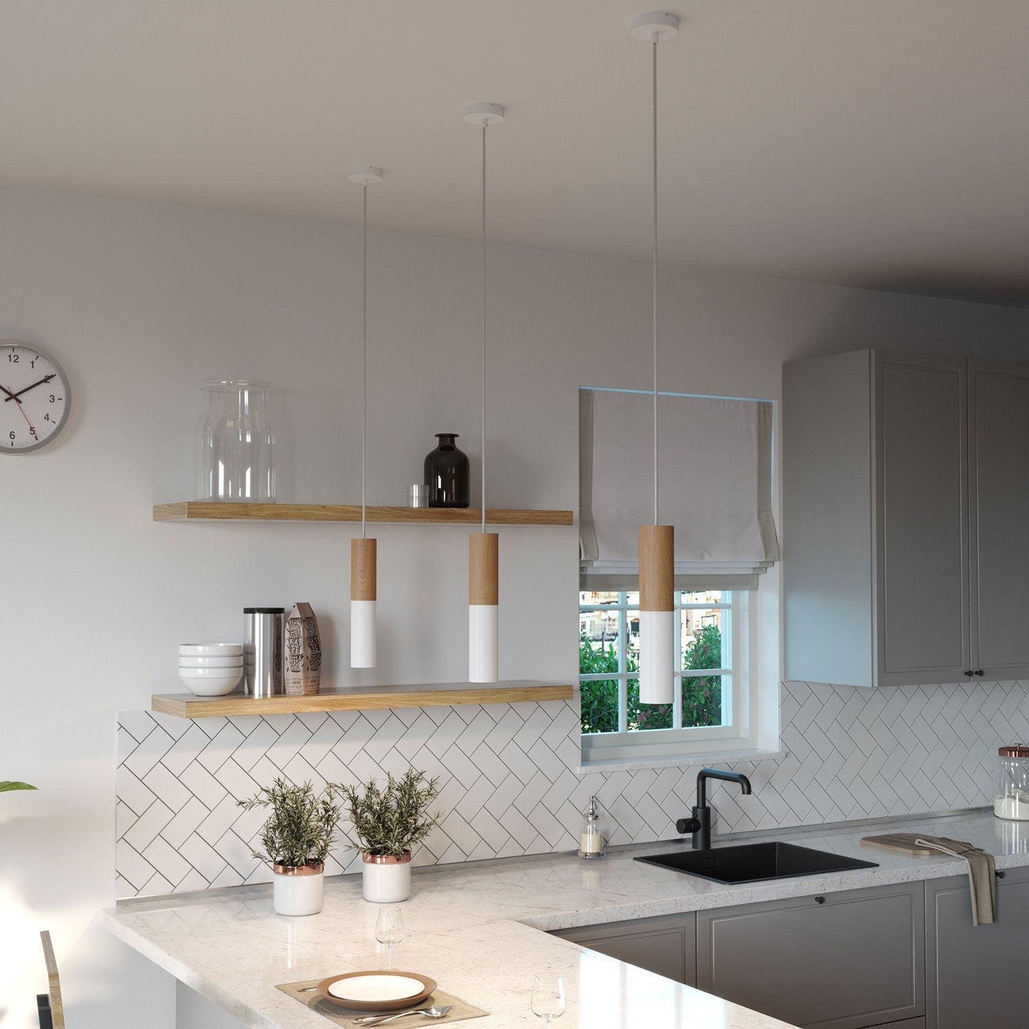 Lampada a sospensione completa di cavo tessile e doppio paralume Tub-E14 in legno e metallo - Bianco opaco