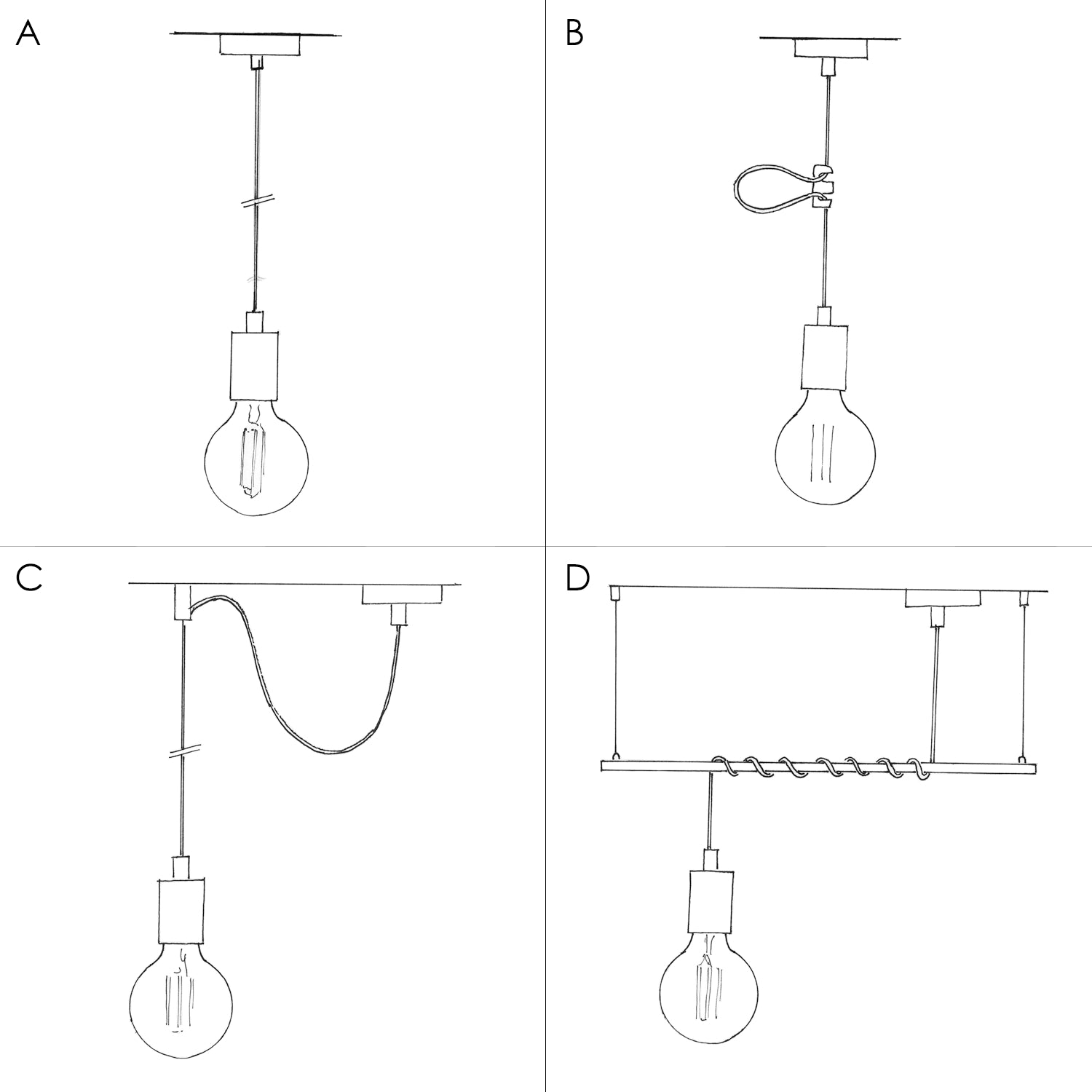 Lampada a sospensione completa di cavo tessile, finiture in metallo e serracavo da 7cm - Nero