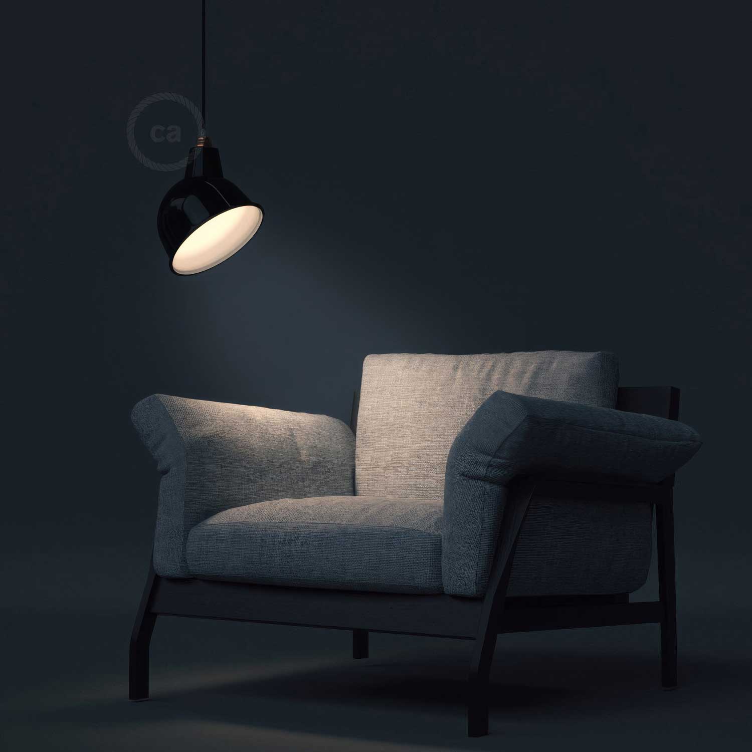 Lampada a sospensione completa di cavo tessile, paralume Broadway e finiture in metallo - Nero