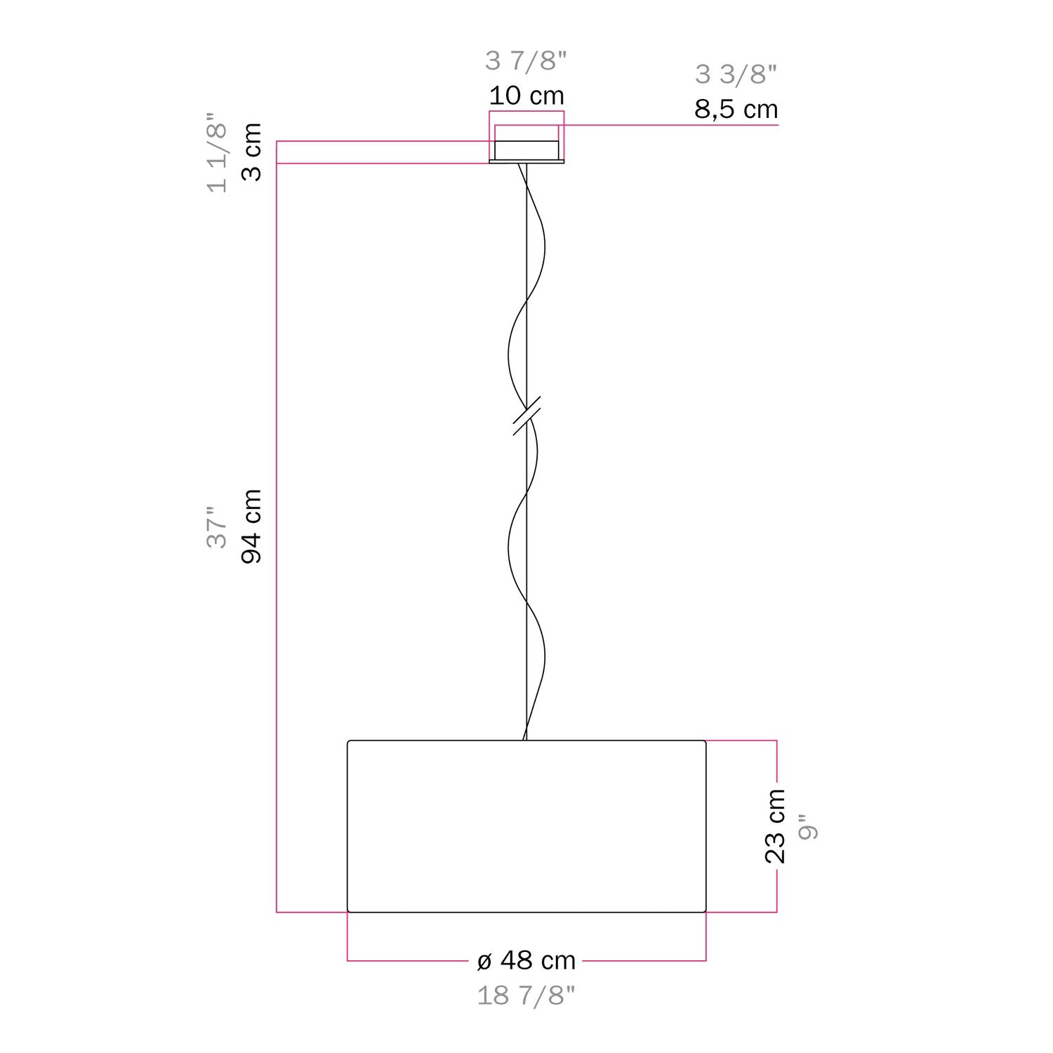 Lampada a sospensione con paralume in tessuto Cilindro Medium Teletta rosso - Made in Italy No