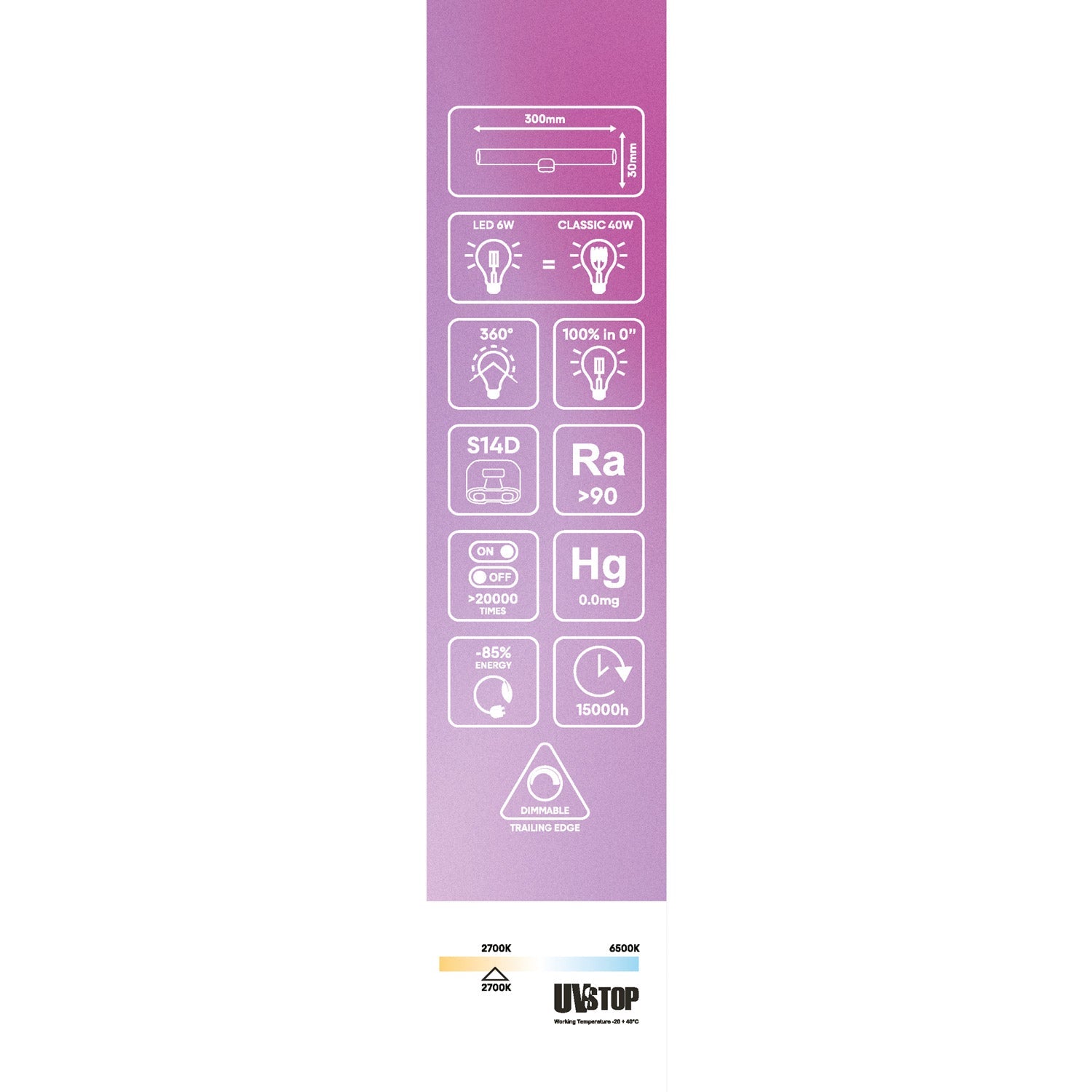 Lampadina LED Trasparente CRI 90 Lineare S14d - lunghezza 300 mm 6W 520Lm 2700K Dimmerabile - S01 - Creative Cables