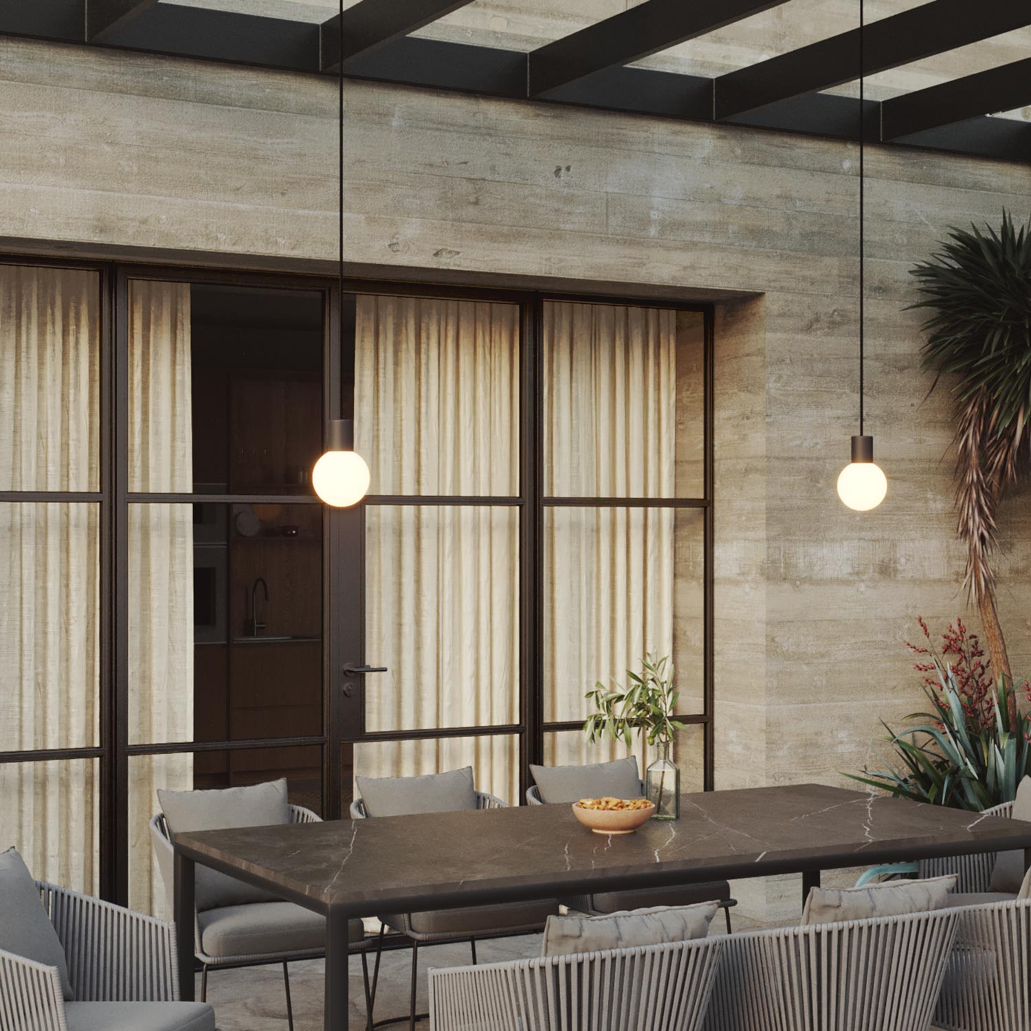 Modulair Outdoor Pendant Lamp, suitable for wet locations, with 2 drops and Unbreak-a-Ball unbreakable shades - Black