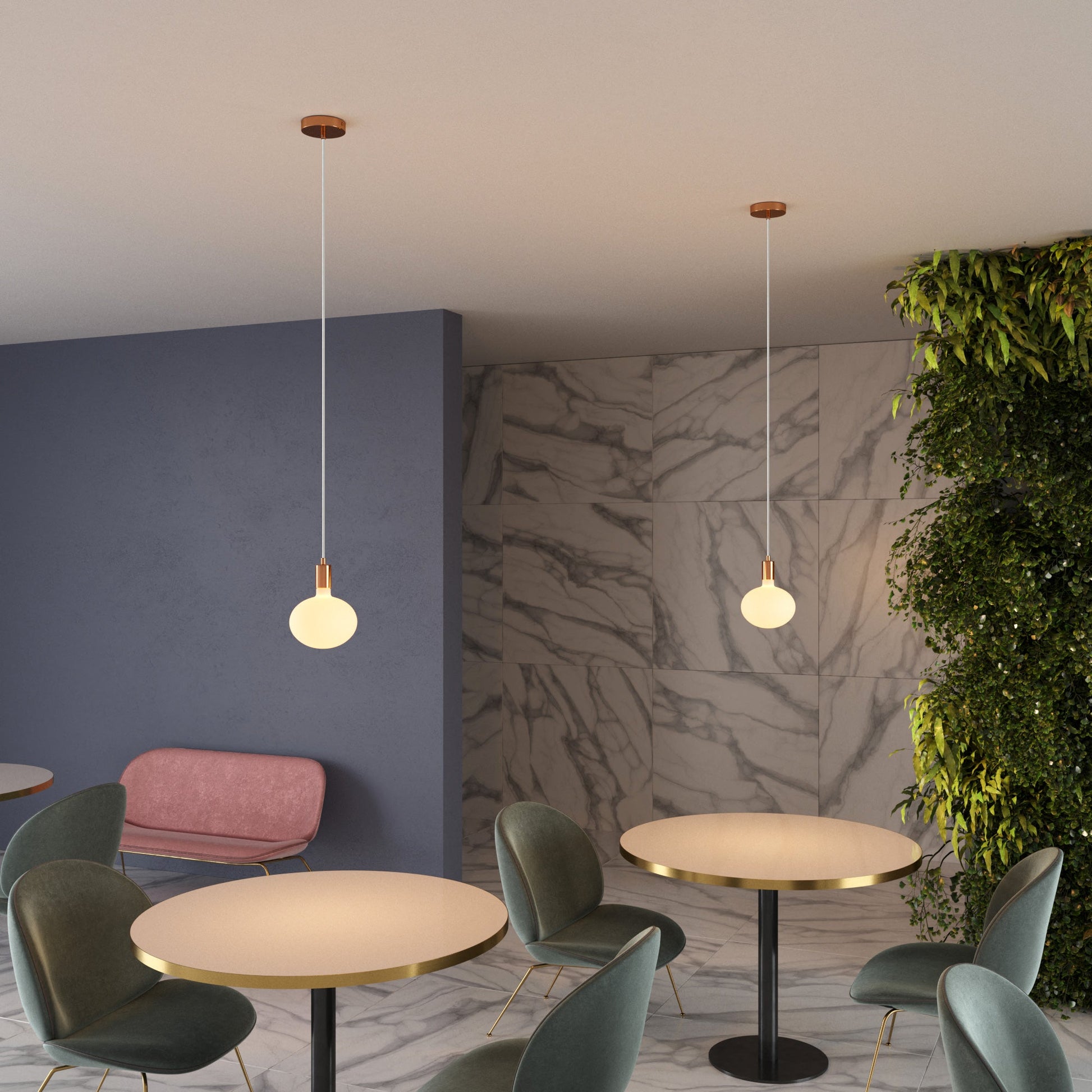 Pendant lamp with textile cable and contrasting metal details - Brass